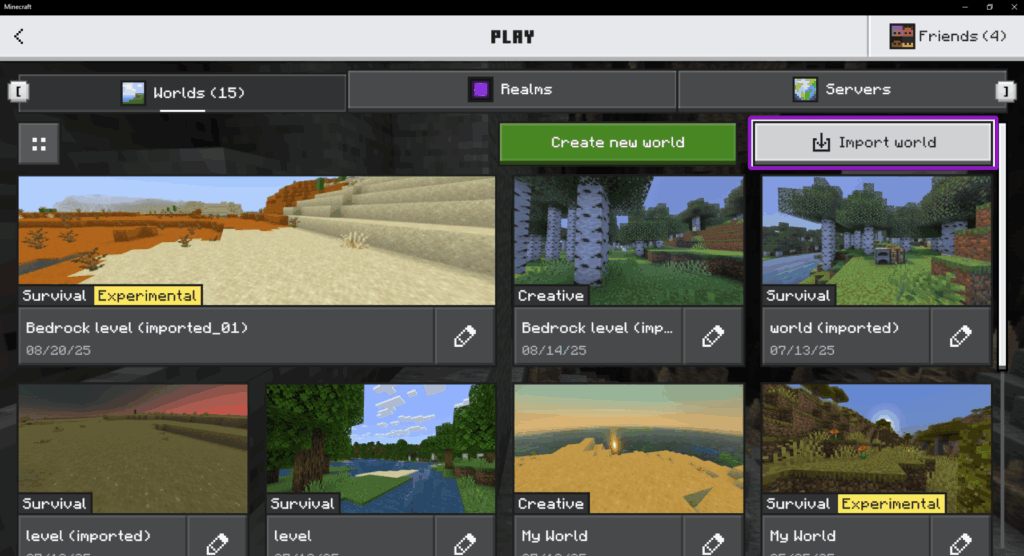 An image of Minecraft Bedrock with the Import world button highlighted