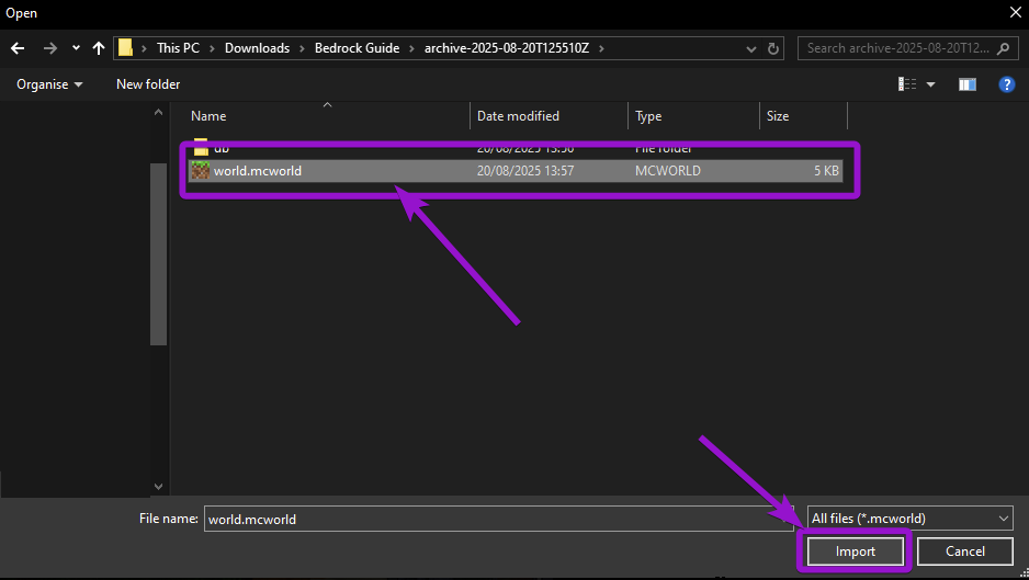 Windows explorer showing the world.mcworld file highlighted