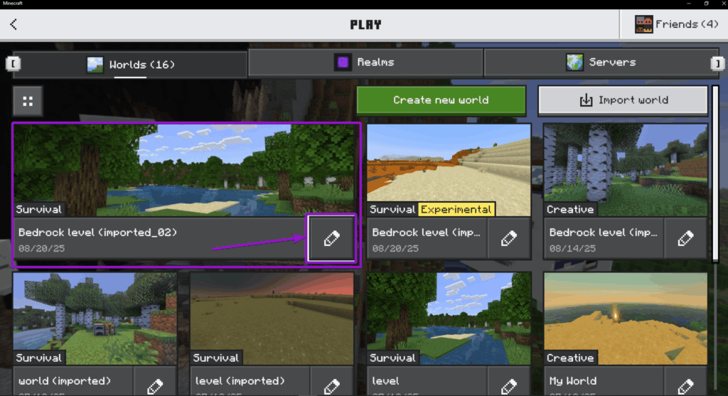 The Minecraft Bedrock page with the edit world button highlighted