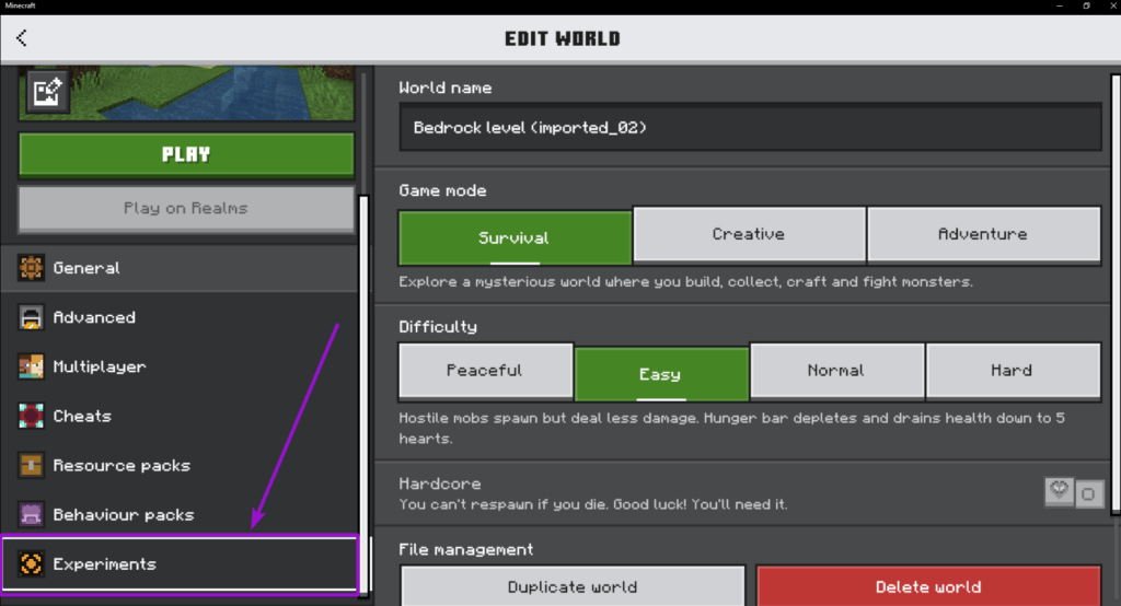 The Minecraft Bedrock page with the Experiments button highlighted