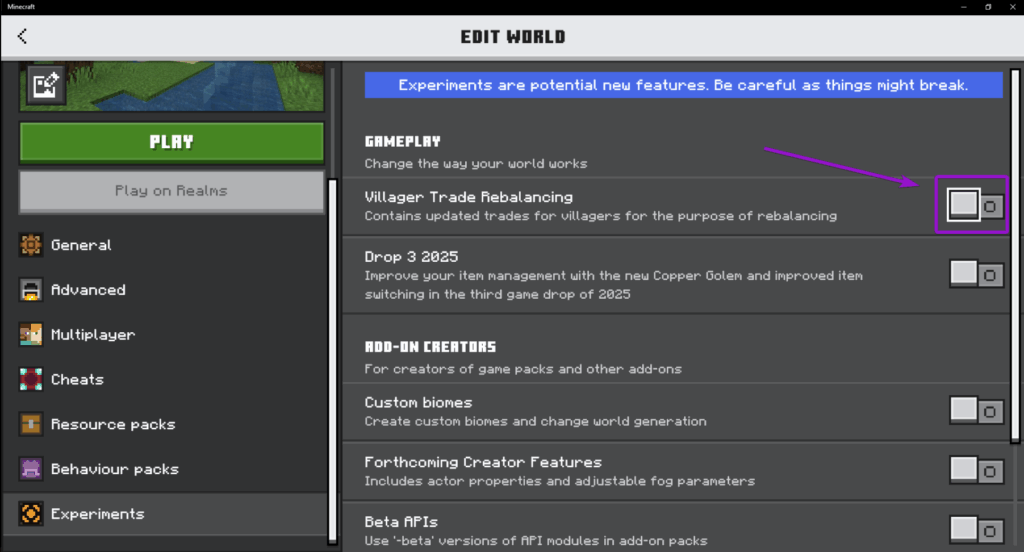 The Minecraft Bedrock page for selecting experiments