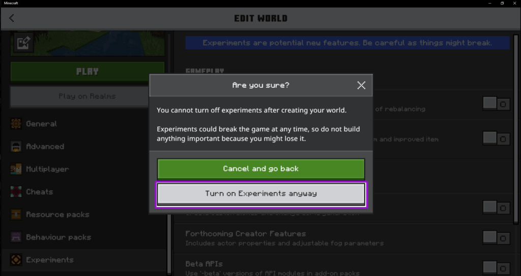Minecraft Bedrock warning for enabling Experiments