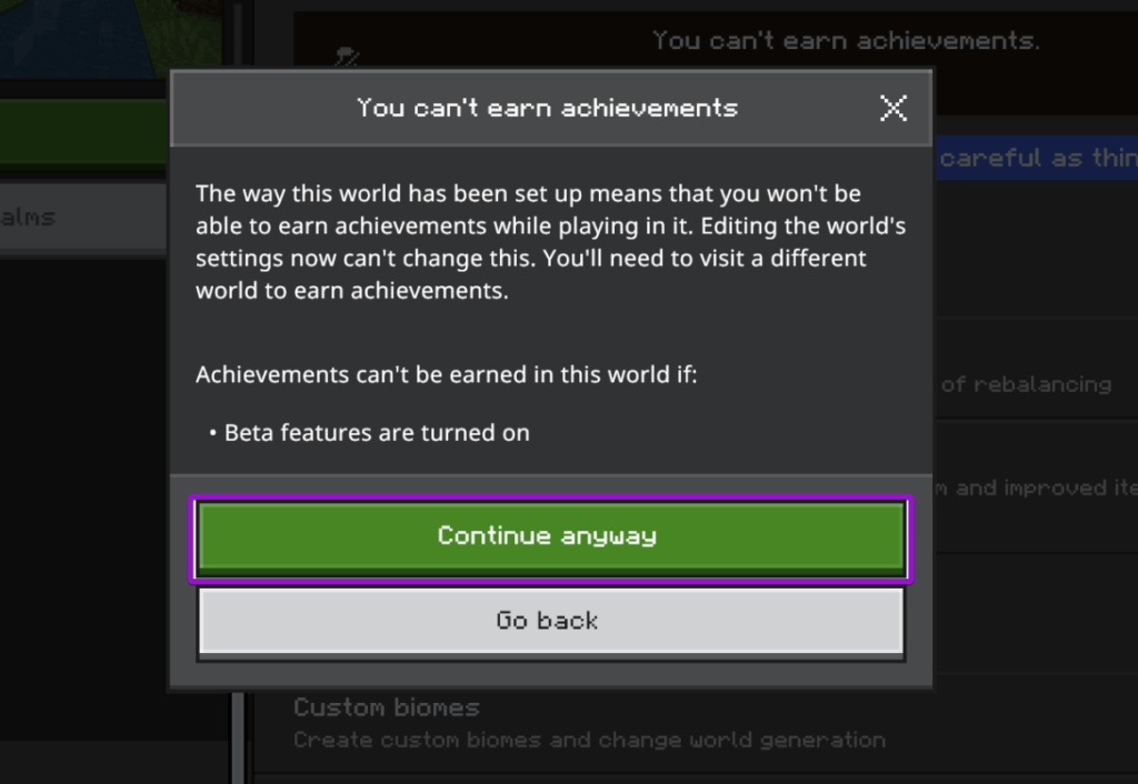 Minecraft Bedrock warning explaining that Achievements will be disabled 