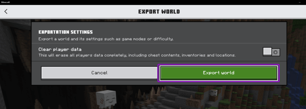 Minecraft Bedrock Export World Confirmation