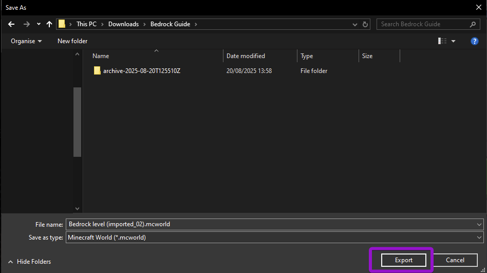 Windows Explorer with the file ready to export