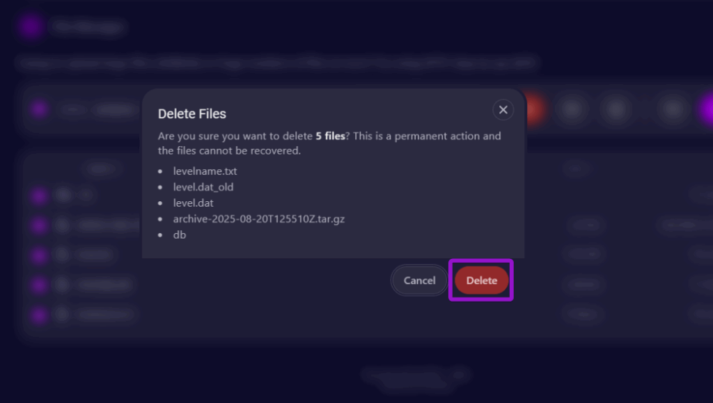 Cybrancee file manager panel confirmation of deletion