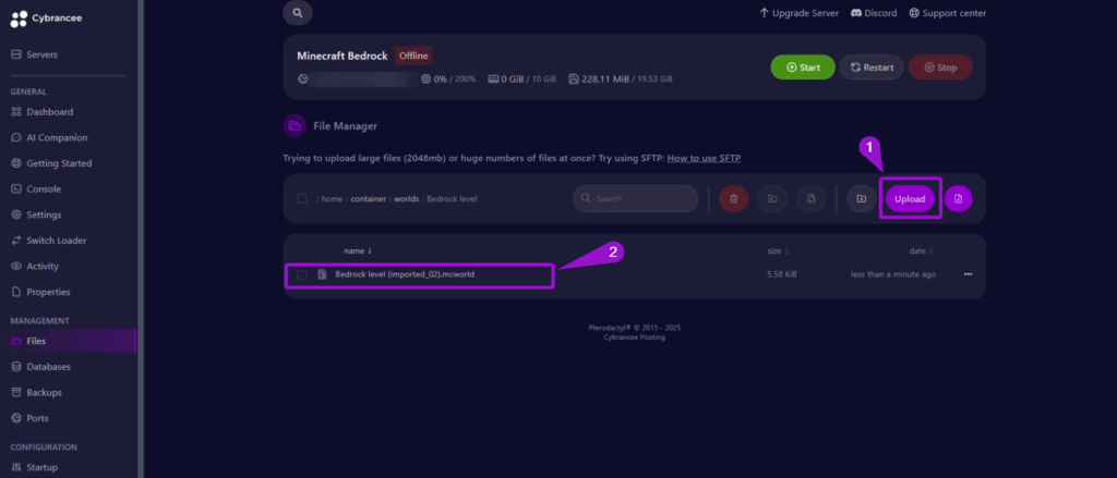 Cybrancee panel upload 
file