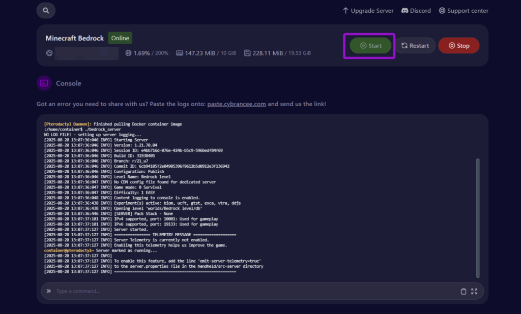 Cybrancee panel showing the server has started