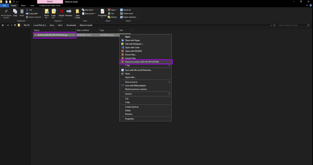 The Windows file explorer with instructions on extracting an archive downloaded from the Cybrancee panel.