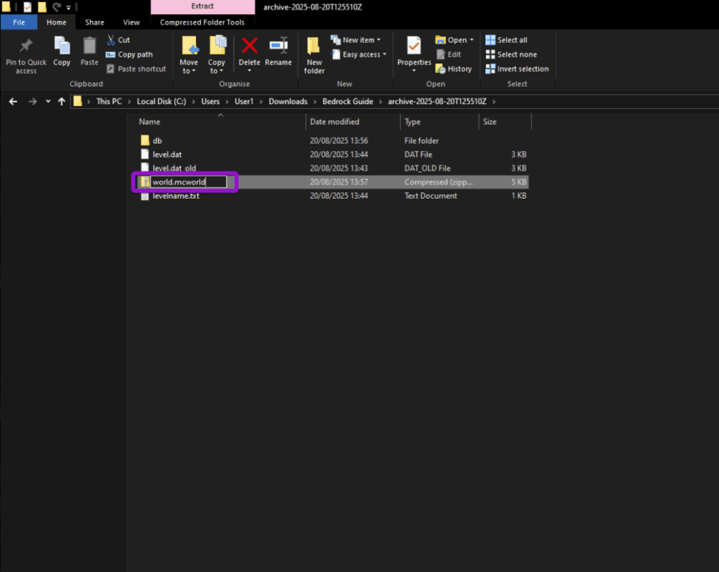 The Windows explorer showing a zip being renamed to world.mcworld