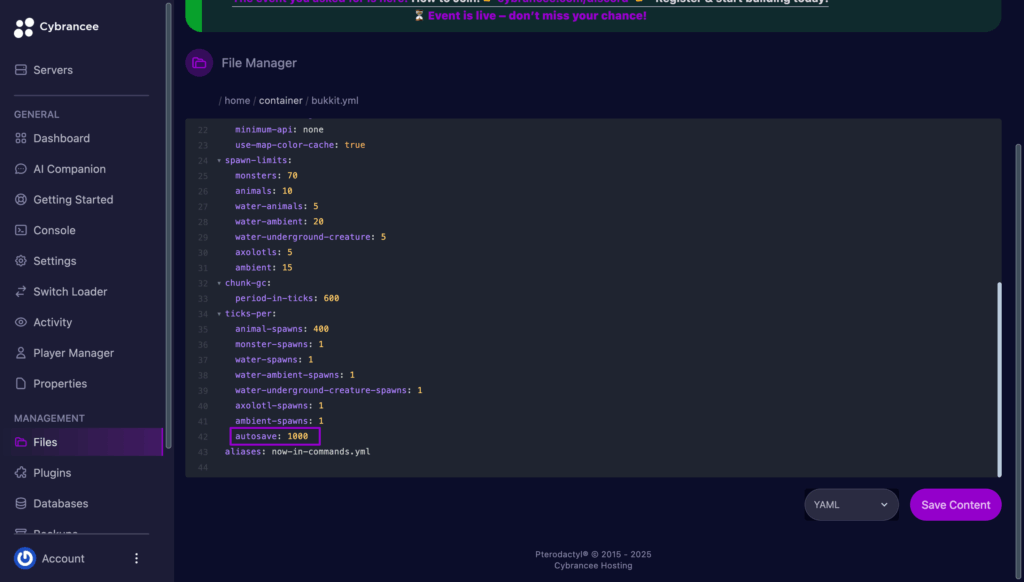 Box around autosave in bukkit.yml.