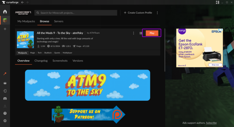 CurseForge All the Mods 9 browse page, with play button outlined
