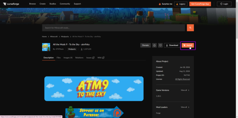 CurseForge All the Mods 9, with install button outlined