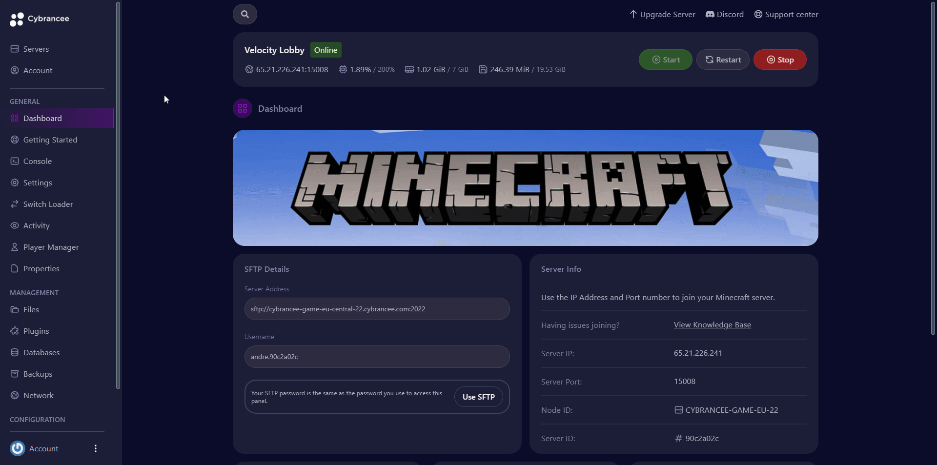 Cybrancee Minecraft velocity.taml file