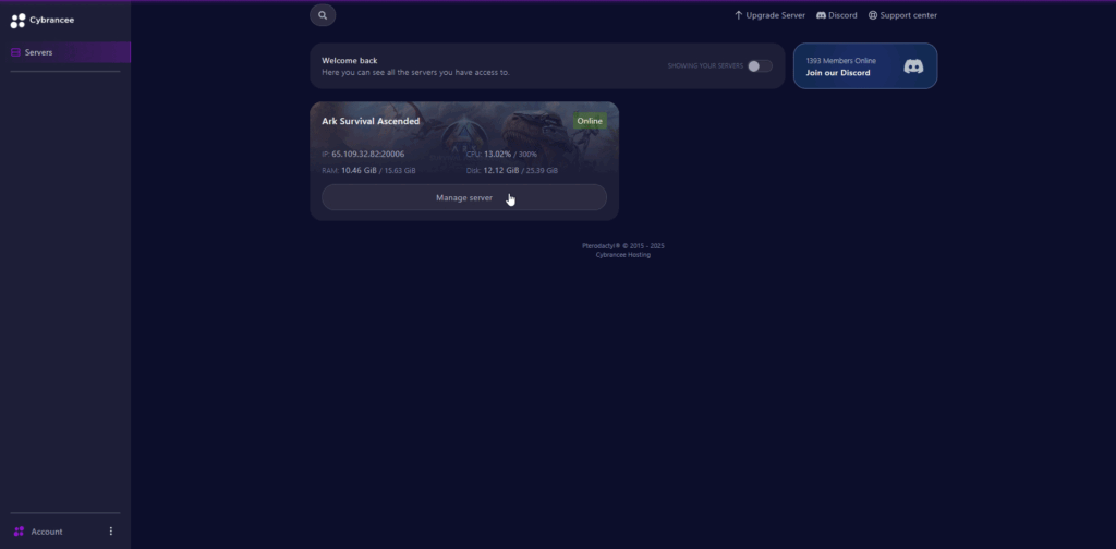 Cybrancee panel Ark: Survival Ascended manage server
