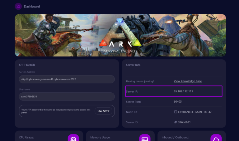 Cybrancee panel Ark: Survival Evolved dashboard, with server info outlined
