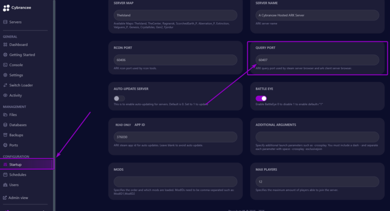 Cybrancee panel Ark: Survival Evolved startup page with Query Port outlined