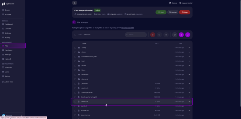 Cybrancee panel Core Keeper files, with GameID file outlined