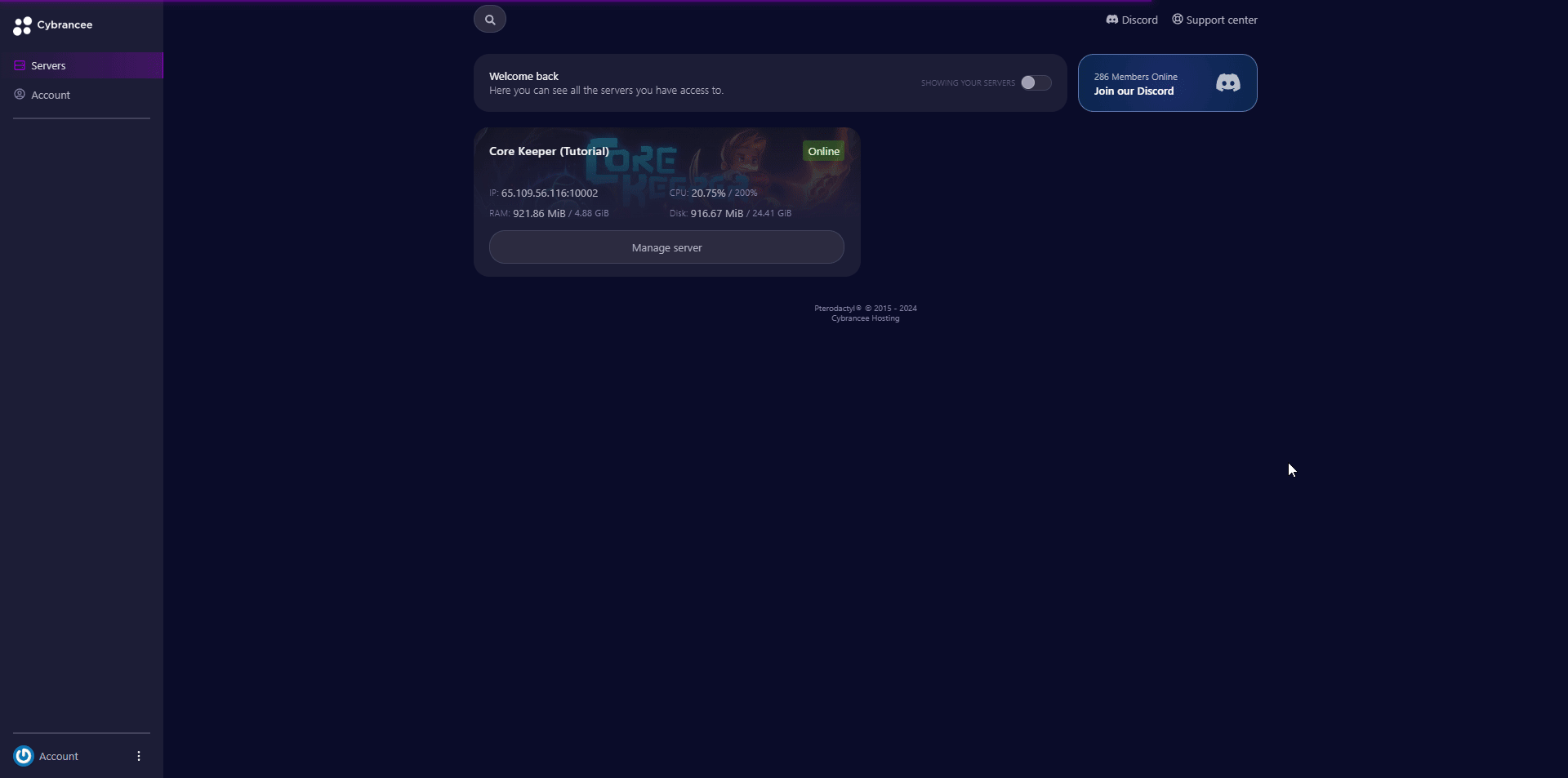 Cybrancee panel Core Keeper manage server