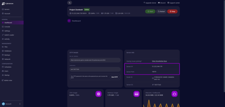 Cybrancee panel dashboard, Project Zomboid server info outlined