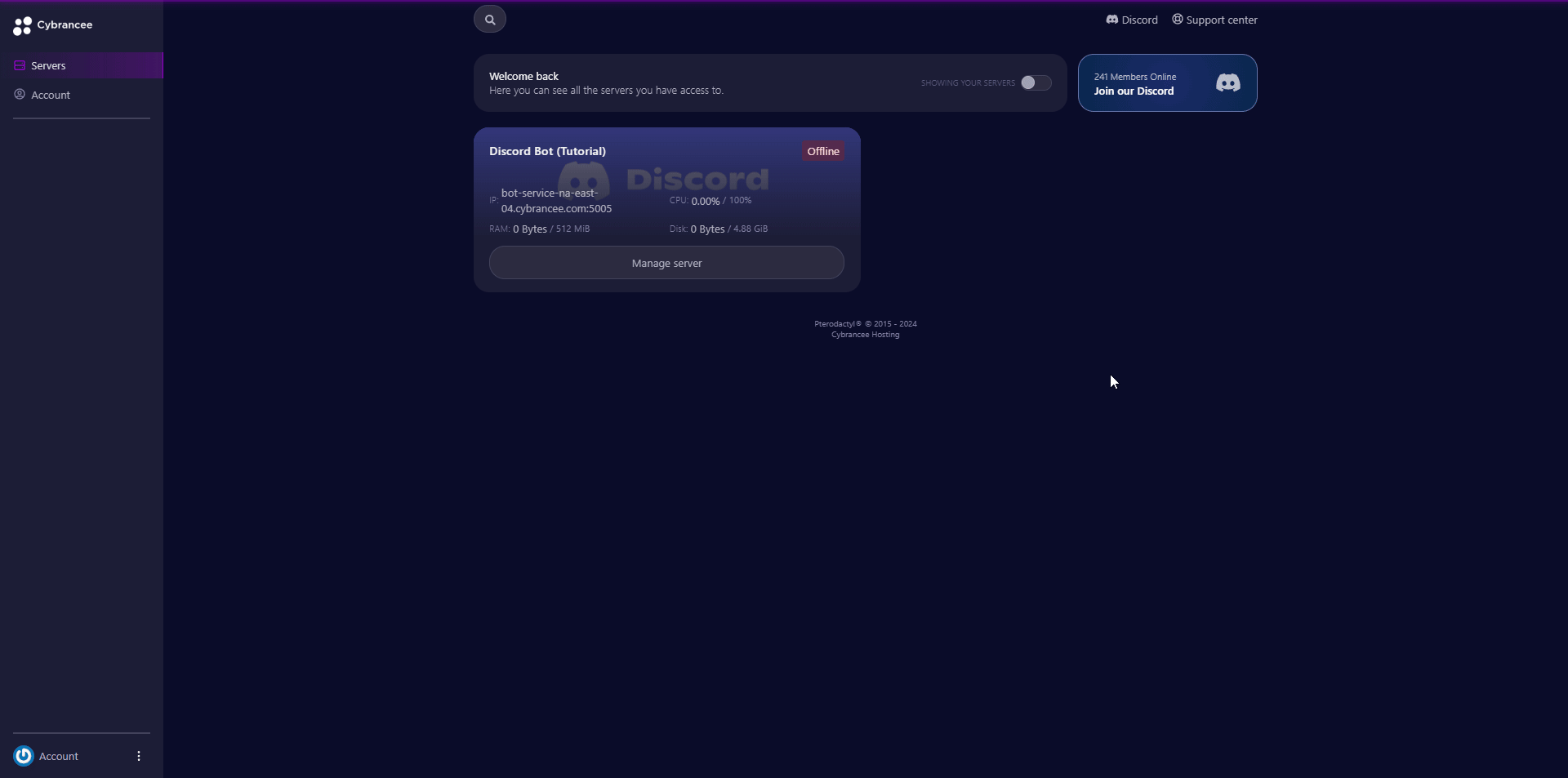 Cybrancee panel, Discord bot manage server