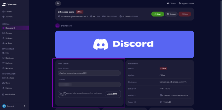Cybrancee panel Discord dashboard, with server info outlined