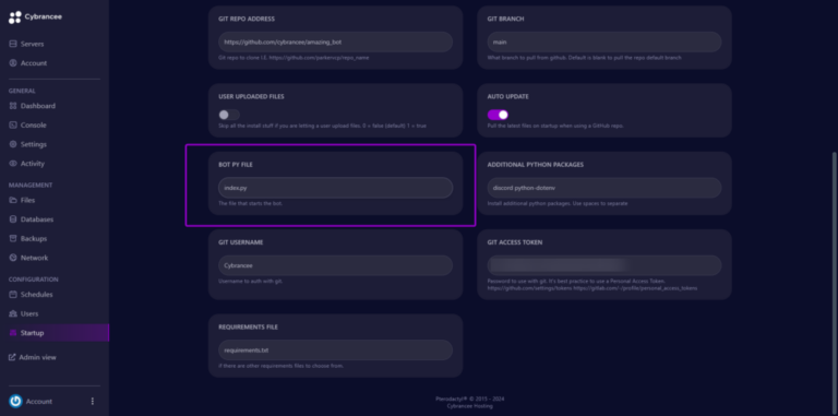 Cybrancee panel Discord startup page with BOT PY FILE dropdown outlined