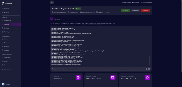 Cybrancee panel console page for Don't Starve Together