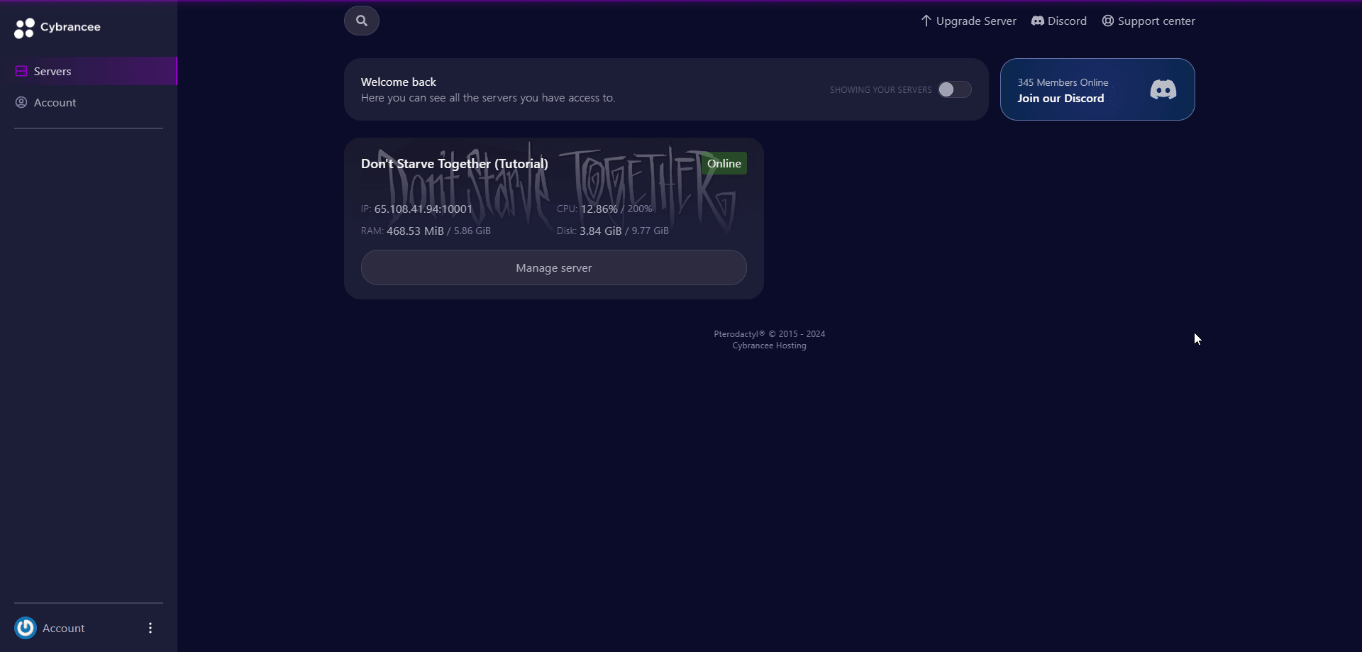 Cybrancee panel Don't Starve Together manage server