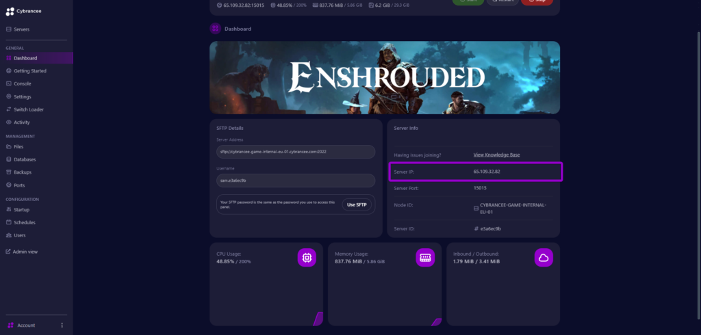 Cybrancee panel Enshrouded dashboard, with server info outlined