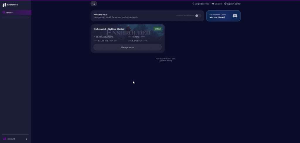 Cybrancee panel manage Enshrouded server