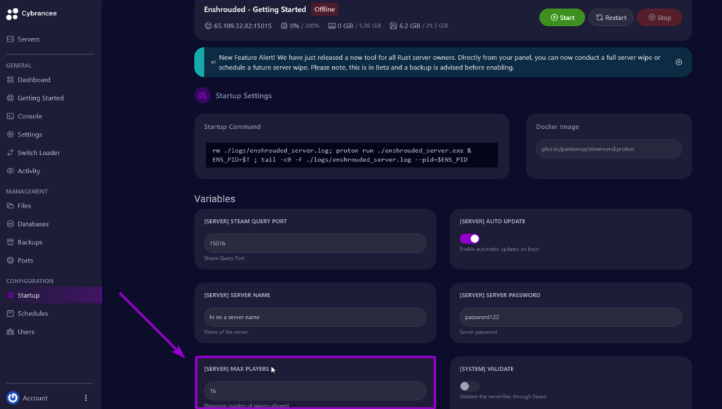 Cybrancee panel Enshrouded startup page, with max players field outlined