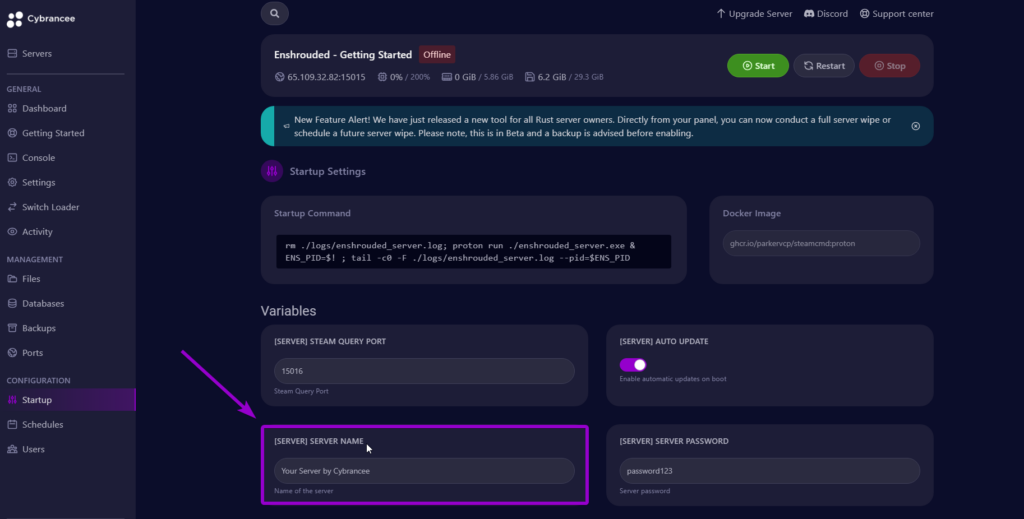 Cybrancee panel Enshrouded startup page, with server name field outlined