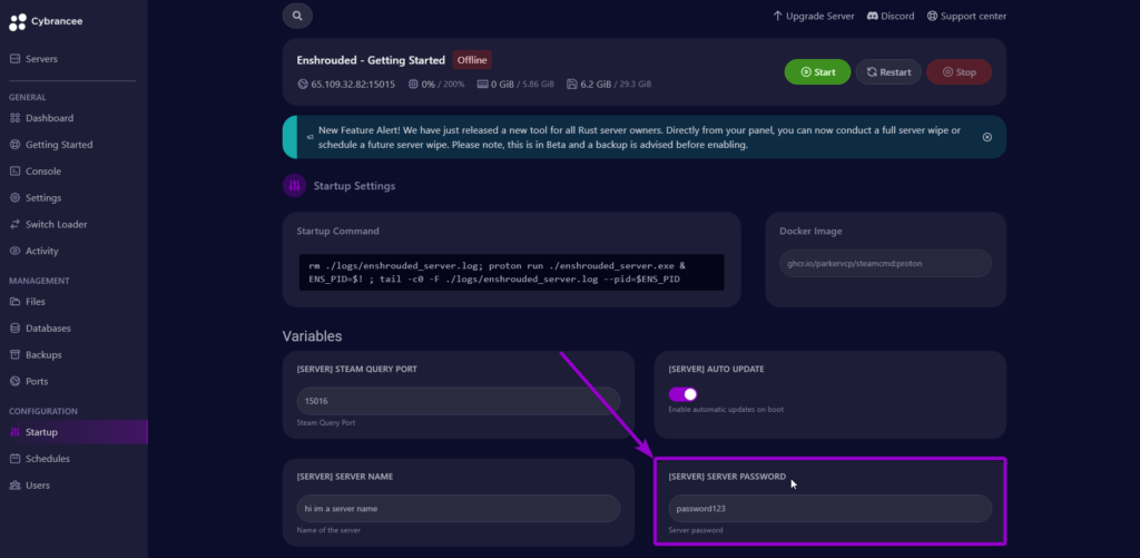 Cybrancee panel Enshrouded startup page, with server password field outlined