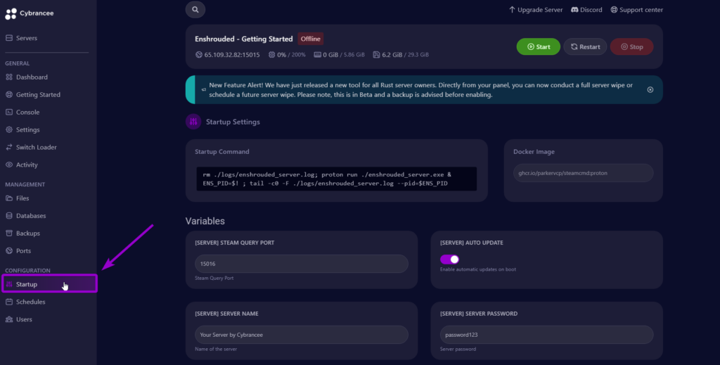 Cybrancee panel Enshrouded startup page, with startup tab outlined