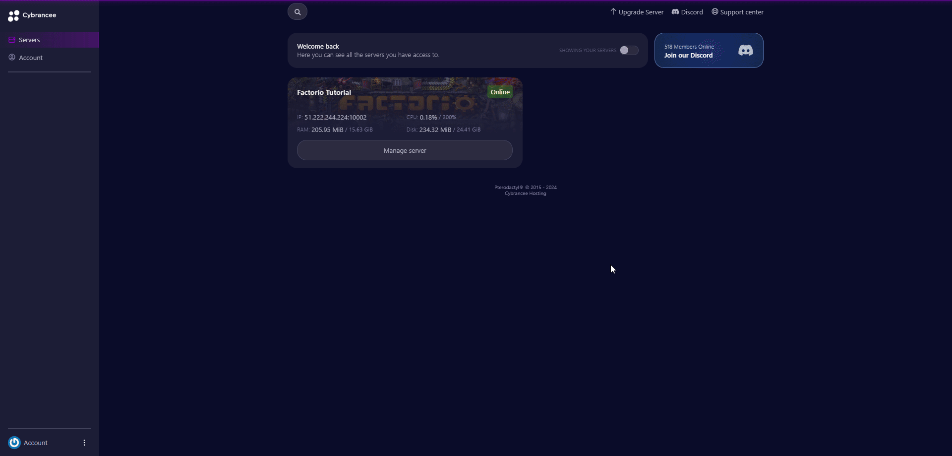 Cybrancee panel Factorio manage server