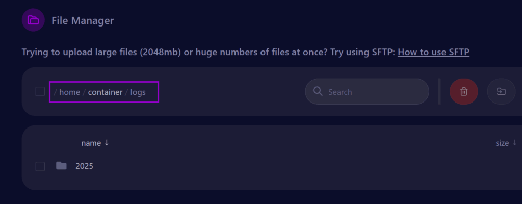 cybrancee panel files page with log folder path outlined