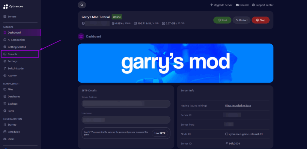 Cybrancee panel Garry's Mod dashboard, with Console Tab outlined