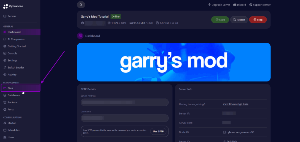 Cybrancee panel Garry's Mod dashboard, with Files Tab outlined