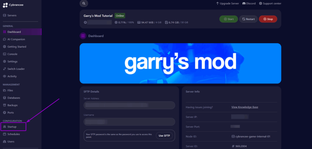 cybrancee Panel Garrys Mod Dashbard Startup Tab Outlined