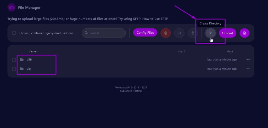 cybrancee Panel Garrys Mod Files Create Directory and two Folders Outlined