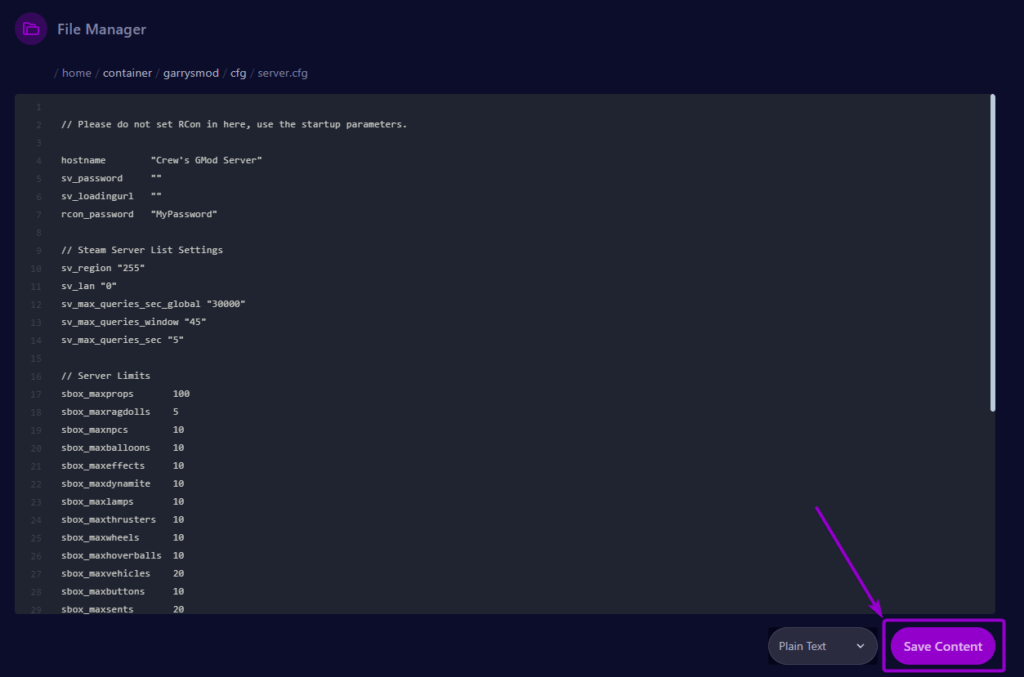 Cybrancee panel Garry's Mod Files Tab in server.cfg file rcon enabled, with the Save Button Outlined
