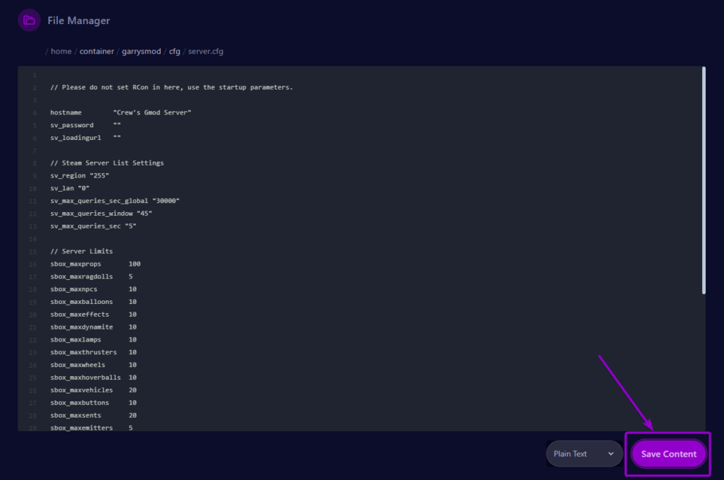 Cybrancee panel Garry's Mod Files Tab in server.cfg file, with the Save Button Outlined