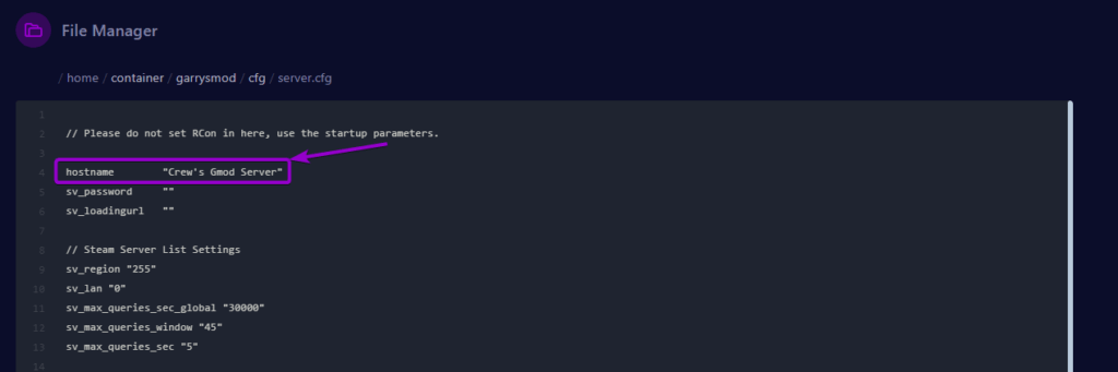 Cybrancee panel Garry's Mod Files Tab in server.cfg, with hostname outlined