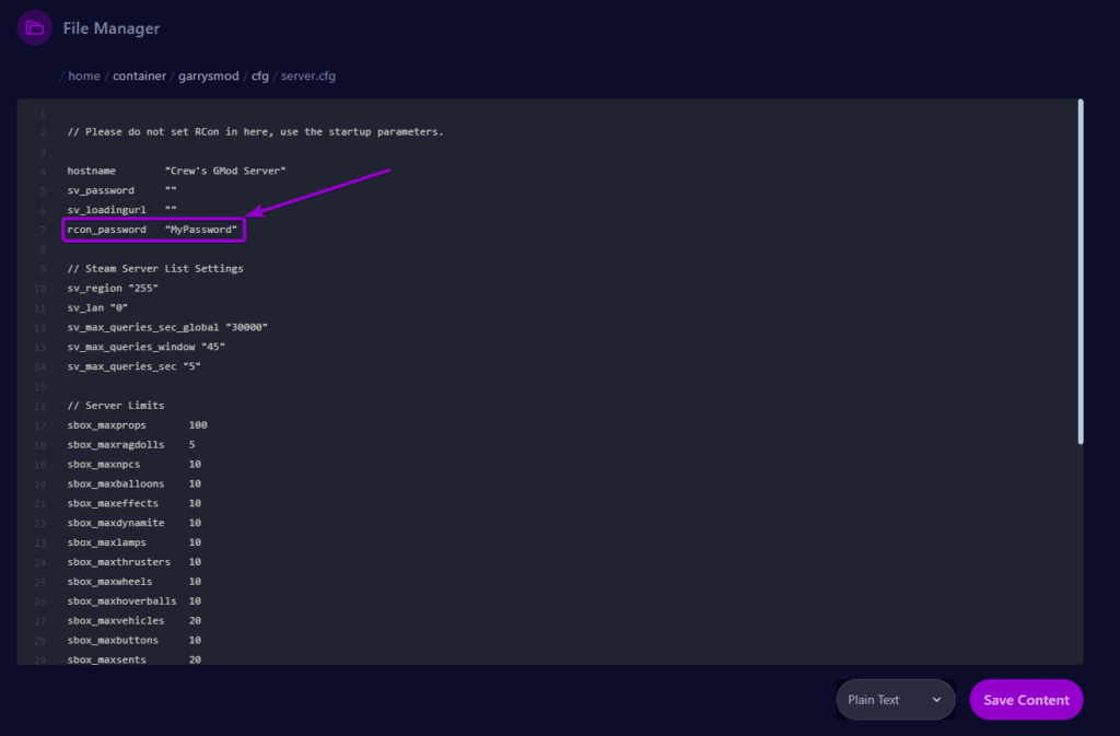 Cybrancee panel Garry's Mod Files Tab in server.cfg, with rcon_password outlined