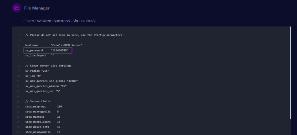 cybrancee Panel Garrys Mod Files server.cfg sv_password Field Outlined
