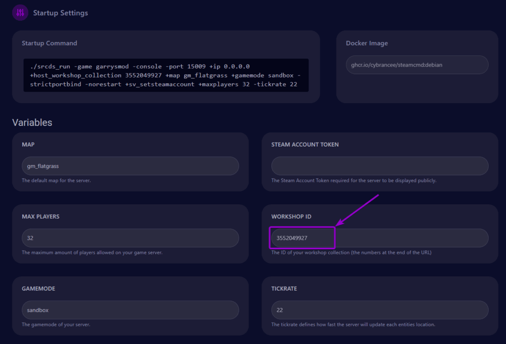 cybrancee Panel Garrys Mod Startup Tab with CollectionID Field Outlined