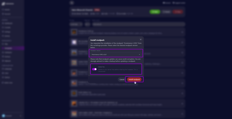 Cybrancee panel, install modpack modal Prominence 2 RPG