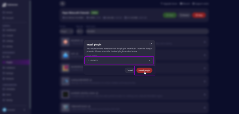 Cybrancee plugin, install plugin modal, WorldEdit plugin
