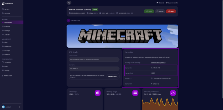 Cybrancee panel Minecraft Bedrock dashboard, with server information outlined